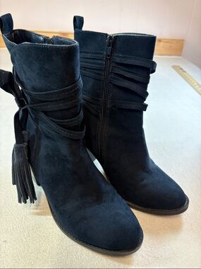 Women's Navy Suede Tassel Wrap Ankle Boots
